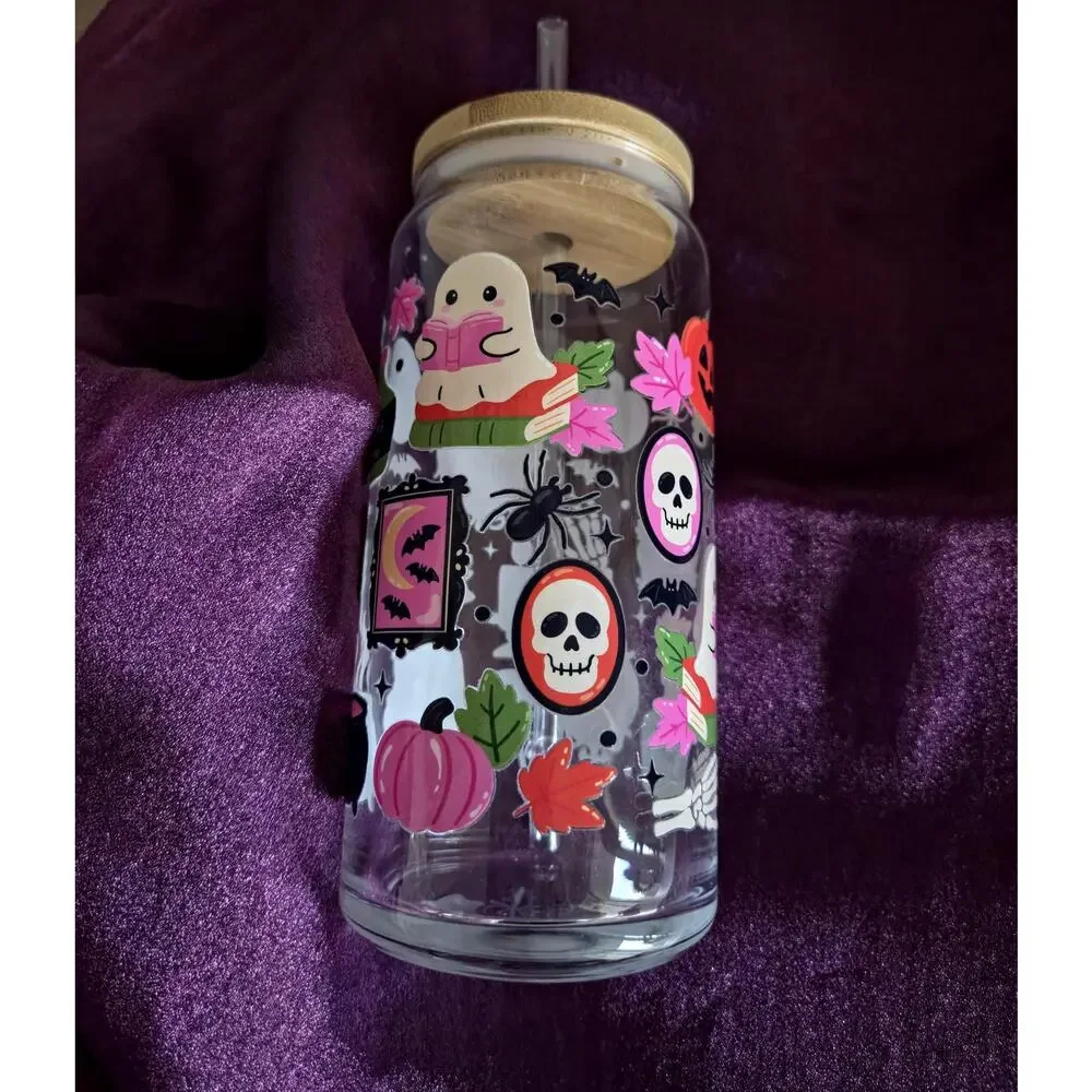 Gothic Spooky Reading Ghost Can Glass Cup Bamboo Lid Whimsical Autumnal